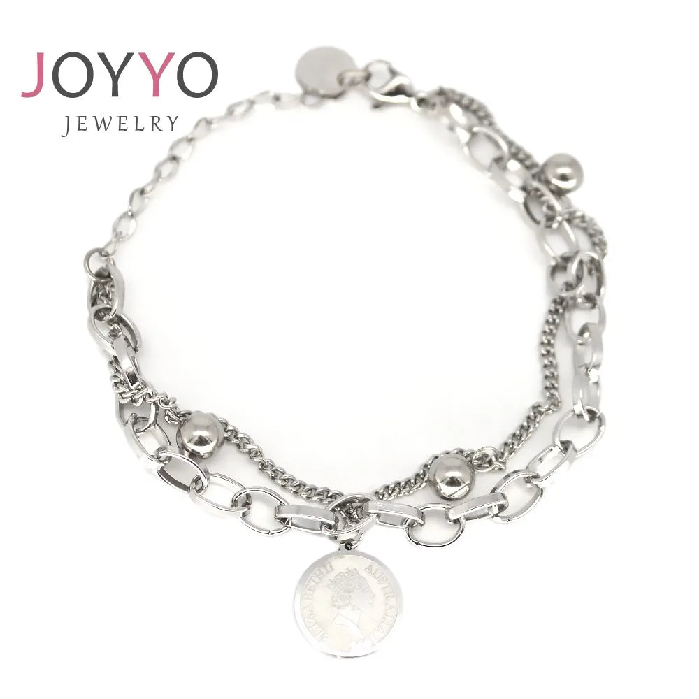 Logo Engraved Custom Round Charm Double Layer Bracelet Jewelry Gift Wristbands Adjustable Cuban Chain with Beads Bracelet Women