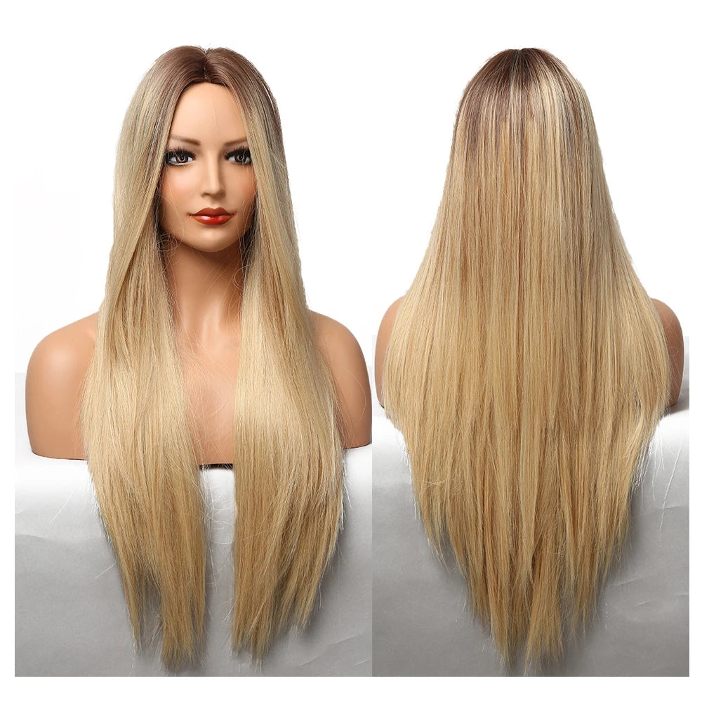 HAOLING Long Straight Wig Ombre Brown Blonde Golden Synthetic Wigs for Women Fiber Wig Synthetic Hair