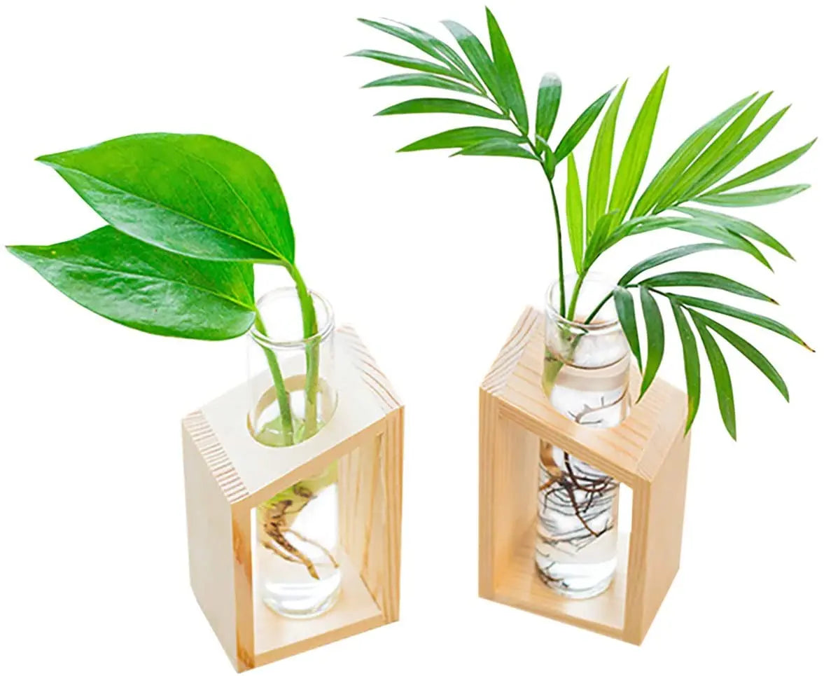 Modern Double Test Tube Vase Crystal Glass Wooden Stand Ball-shaped Flower Pots Hydroponic Plants Decoration Wedding Terrariums