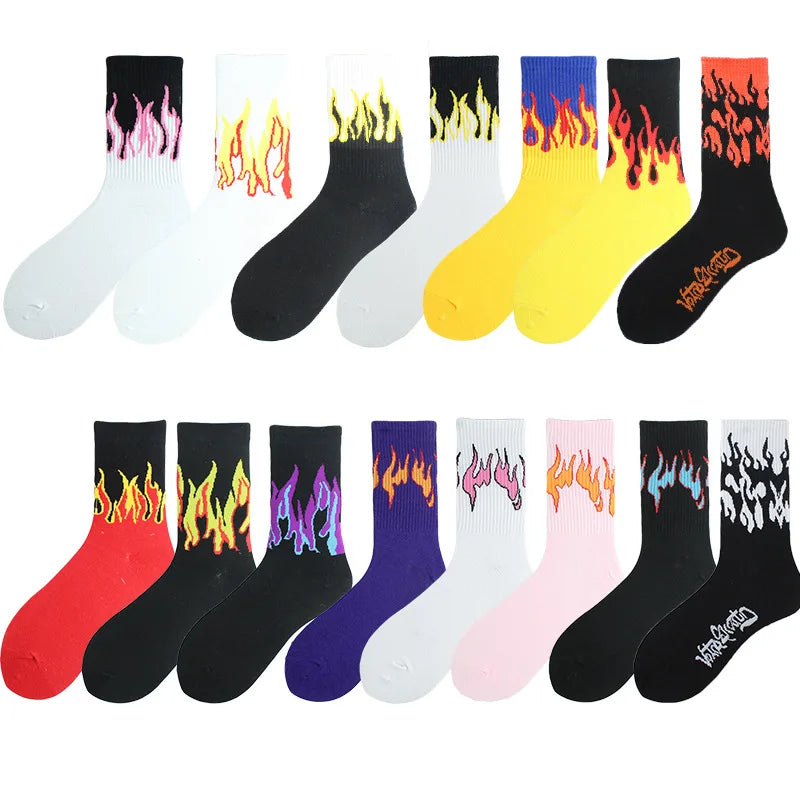 HF Fashion Flame Floral Pattern Hip Hop Skateboard Street Socks for Men Women Breathable Knitted Crew 100% Cotton for Spring
