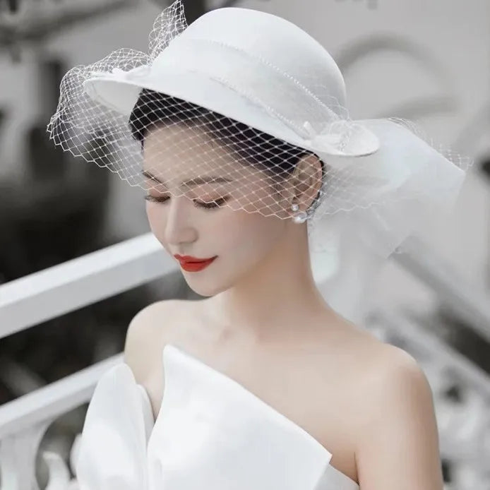 New Retro Women White Bowknot UV protection Church Cloche Sun Hats Kentucky Derby Ladies Wedding Hat for Bride with Mesh Veil