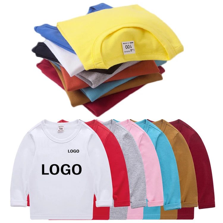 2025 Custom Logo T-Shirt for Girls Long Sleeves and O-Neck Collar 100% Cotton Formal Style Made for Kids