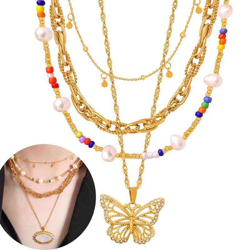 Fresh Water Pearl Beaded Necklace Multicolor Link Necklace Butterfly Pendant Eye Dangle Charm New Arrival Luxury Jewelry Sets