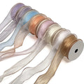 Double Face Metallic Gold Edge Wire Organza Ribbon Roll Ruffled Design for Gift Packaging and Bouquet Wrapping