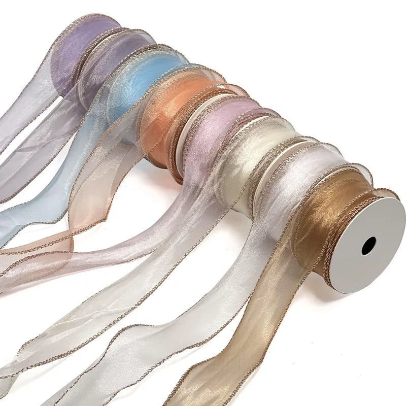 Double Face Metallic Gold Edge Wire Organza Ribbon Roll Ruffled Design for Gift Packaging and Bouquet Wrapping