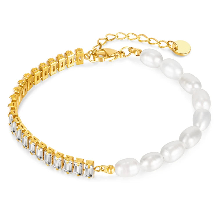 K079 PVD Stainless Steel Zircon Tennis Chain Bangle Natural Freshwater Pearl Bracelet Half Pearl Half Chain Bracelet Jewelry