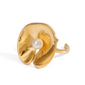 18K Gold Stainless Steel Irregular Imitation Pearl Leaves Adjustable Rings