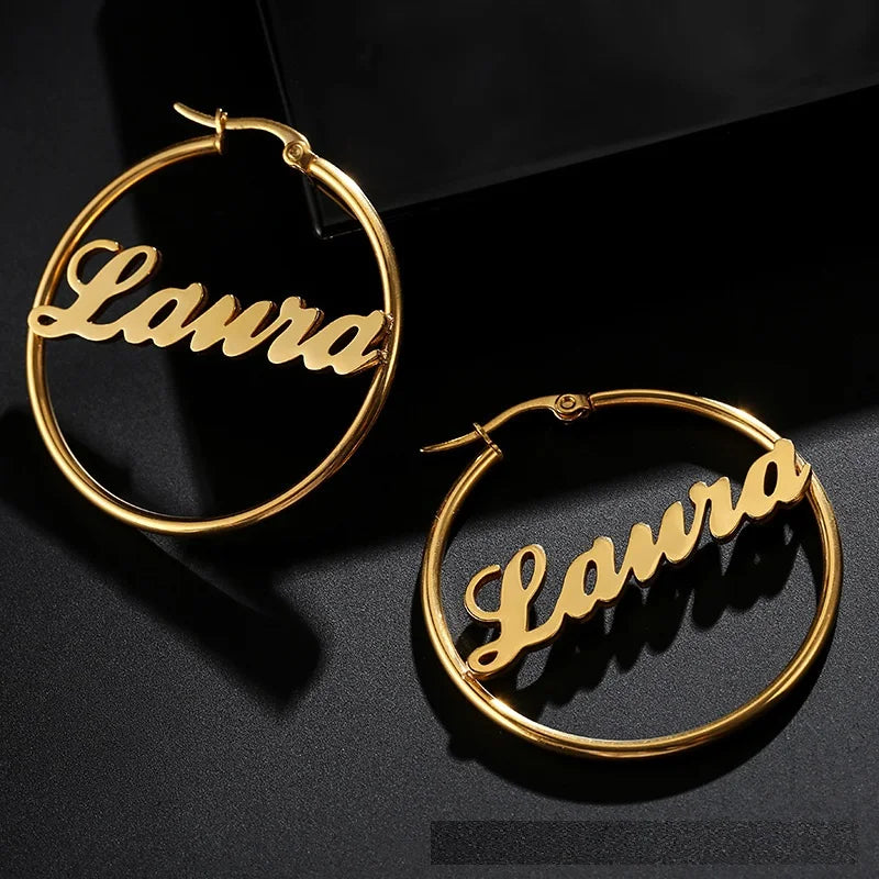 Personalized Custom Name Hoop Earrings Stainless Steel 18K Gold Plated Cursive Name Earrings Minimalist Custom Jewelry Gift MegaBDM