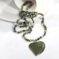 New Bohemian Style 6mm Natural Stone Glass Knotted Necklace Green Natural Stone Heart Pendant Necklace Women Jewelry