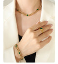 2022 Fashion Stainless Steel 18K Gold Texture Light Luxury Cuba Chain Inlaid White Green Zircon Bracelet Necklace Jewelry Set