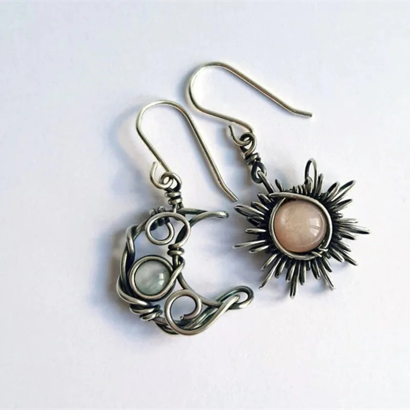 Asymmetry Sun and Moon Earrings Jewelry Bohemian Retro Silver Natural Opal Moonstone Sun Moon Drop Dangle Earring Women