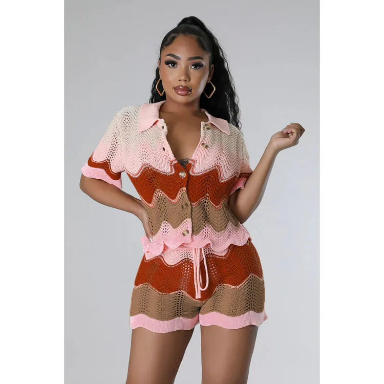 Short Sleeved Hollow Shirt Wholesale Drawstring Shorts Custom logo Knitted Women Suit Factory Directly