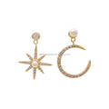 Sun Moon Natural Diamond 14k Real Gold and Freshwater Pearl Asymmetry Drop Earring for Women Fine Jewelry