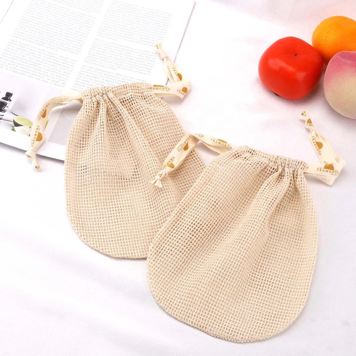 Wholesale Elliptic Cotton Mesh Soap Packaging Bag Drawstring Mesh Bamboo Terry Saop Pouch