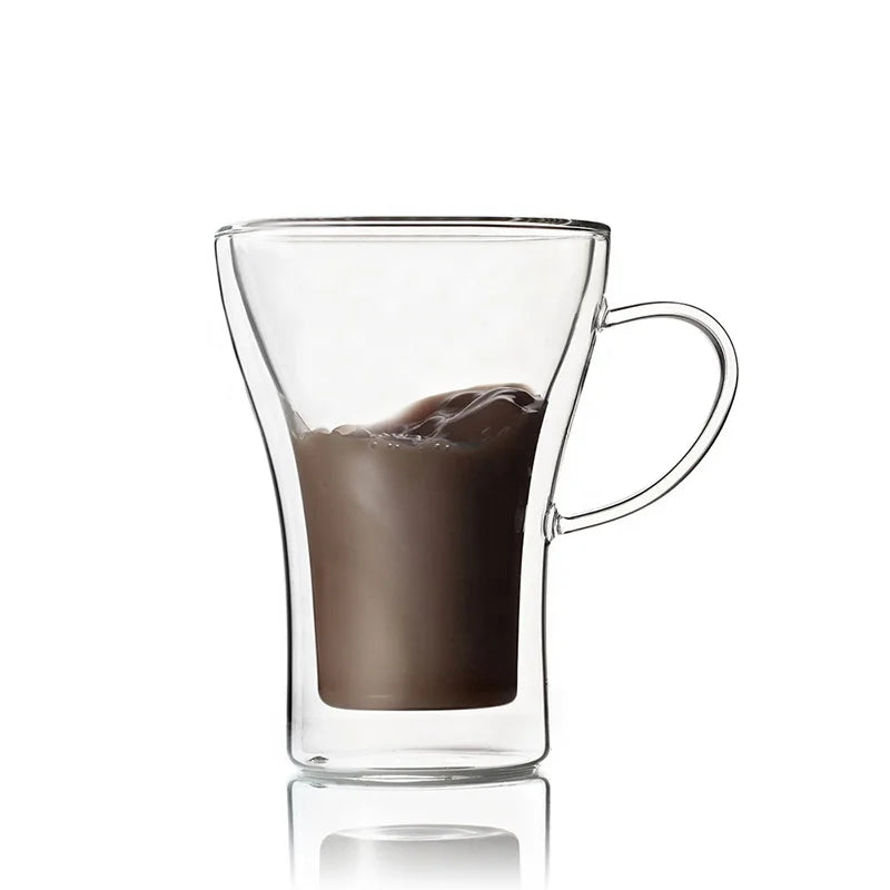 Custom Made Glass Water Drinking Cup Double Wall High Clear Glass Coffee Mugs with Handle for Office