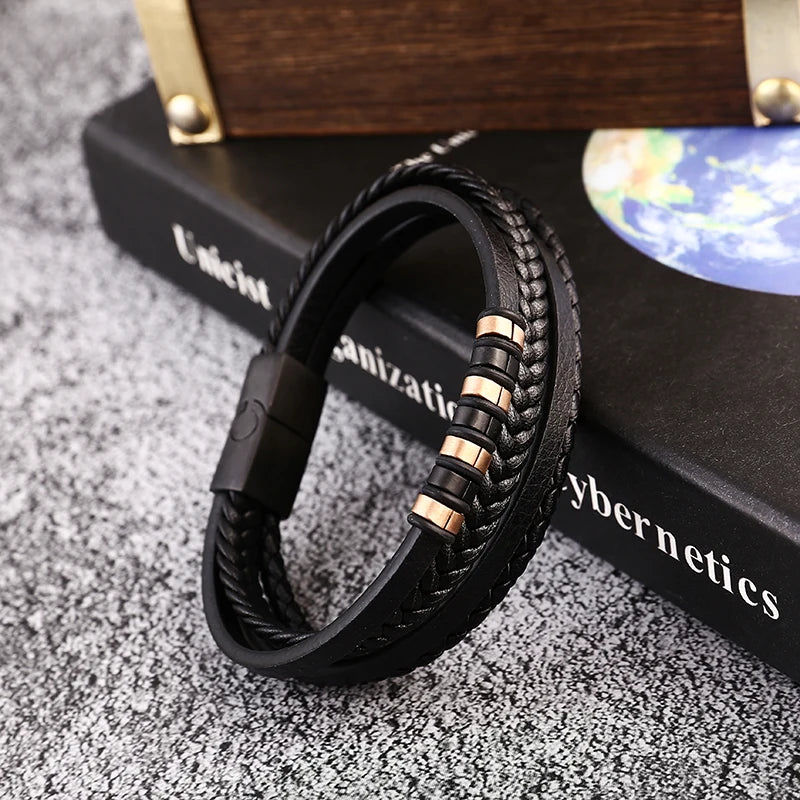 PVD Rose Gold Accessory Cuff Bracelet Magnetic Stainless Steel Clasp Premium Braid Genuine Leather Bracelet for Men