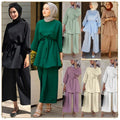 Traditional Women's Muslim Solid Color Abaya Loose Tunik Blouse and Pants 2-Piece Set