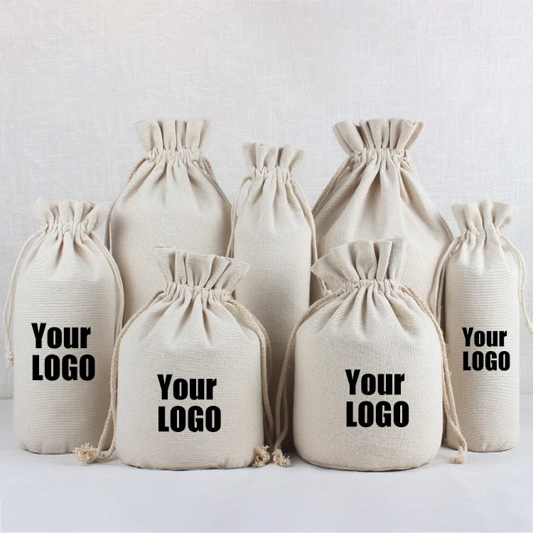 Spot Round Bottom Natural Cotton Linen Drawstring Pocket Rice Candy Canvas Packaging Bag with Custom Printed Logo