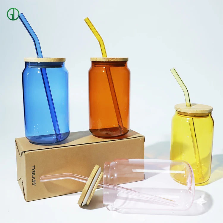 Custom Logo Drinking Glasses 16oz Sublimation Blanks Tumbler Beer Can Beer Glasses Mug Borosilicate Glass Cup with Bamboo Lid