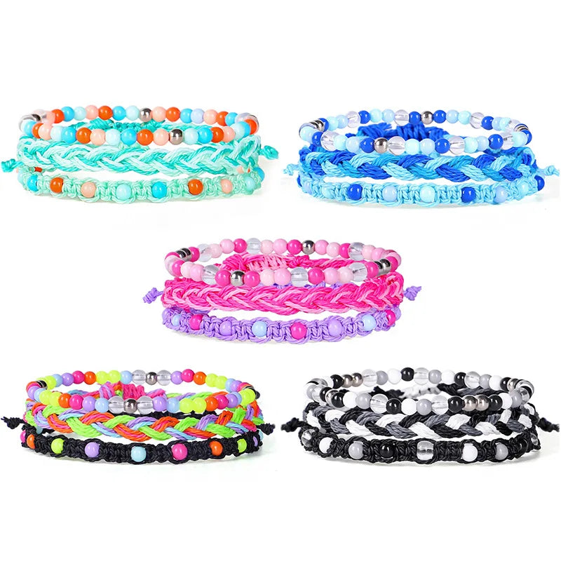 Handmade Bohemia Stretch Acrylic Beads Braided Colorful Wax String Boho Bracelets Set Jewelry for Women
