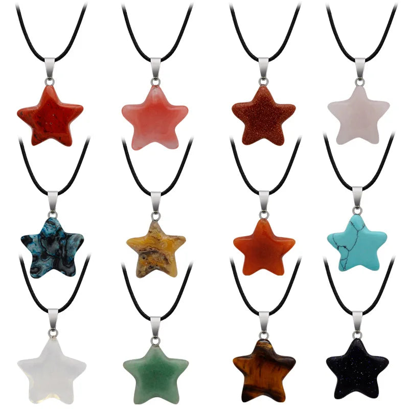 Natural Stone Hand-carved Pentagram Pendant Necklace for Women and Men Crystal Raw Stone Star Necklace Gemstone Jewelry