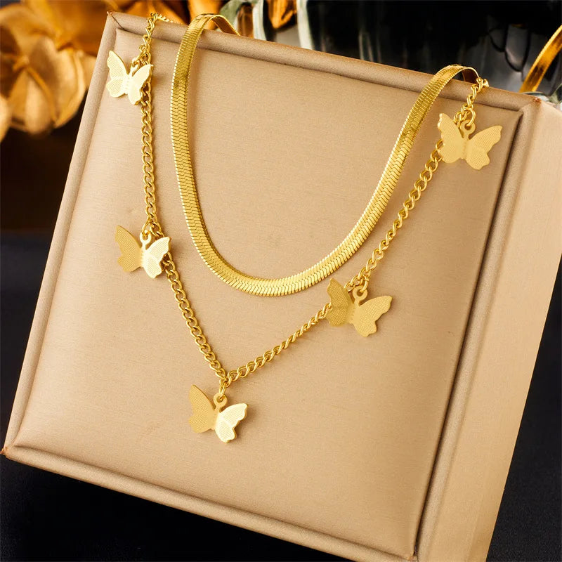 New Arrivals 18k Gold Plated Double Layer Necklace Jewelry Stainless Steel Butterfly Pendant Necklace for Women