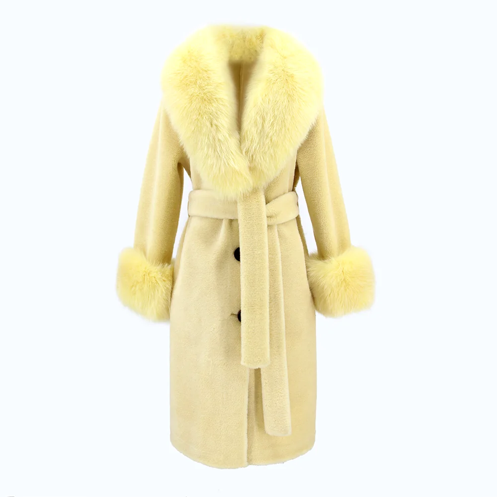 QIUCHEN QC21157 Vintage Breathable Fashion Winter Warm Lamb Wool Jacket Womens Luxury Fox Fur Genuine Shearing Coat