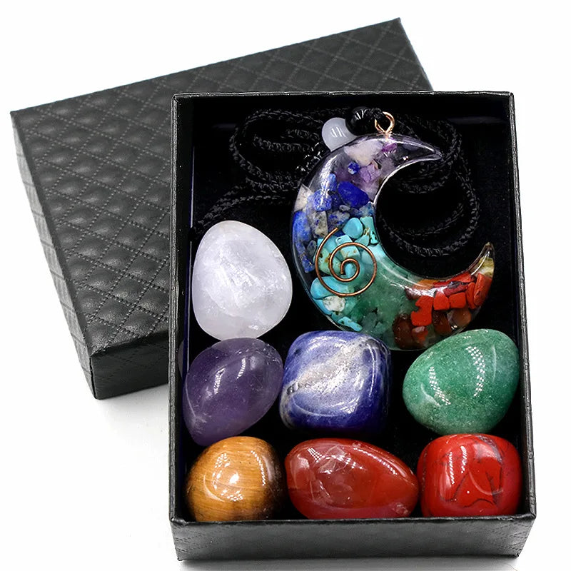 Natural Stone Natural Multicolored Crystal Gravel Stone Gift Box Set With Moon and Star Pendant Combination Outfit