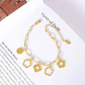 Fashion Women 18k Gold Plated Flower square Letter Round Pendant Alphabet Stainless Steel Cuff Bracelet Charms for Bangles