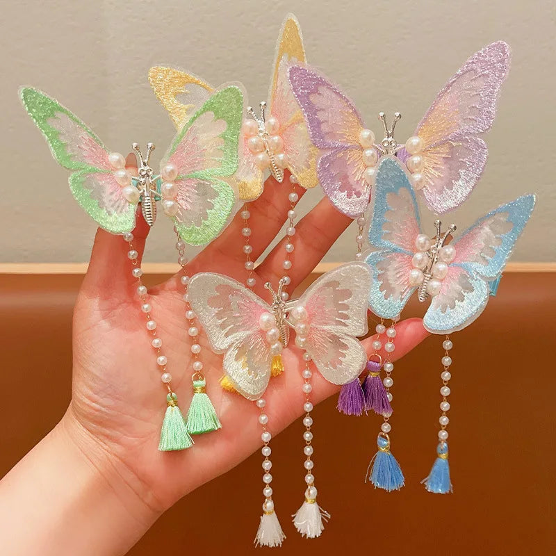 Summer Embroidery Children's Hair Clip Princess Butterfly Fringe Side Clip Stylish Simple Hair Accessories