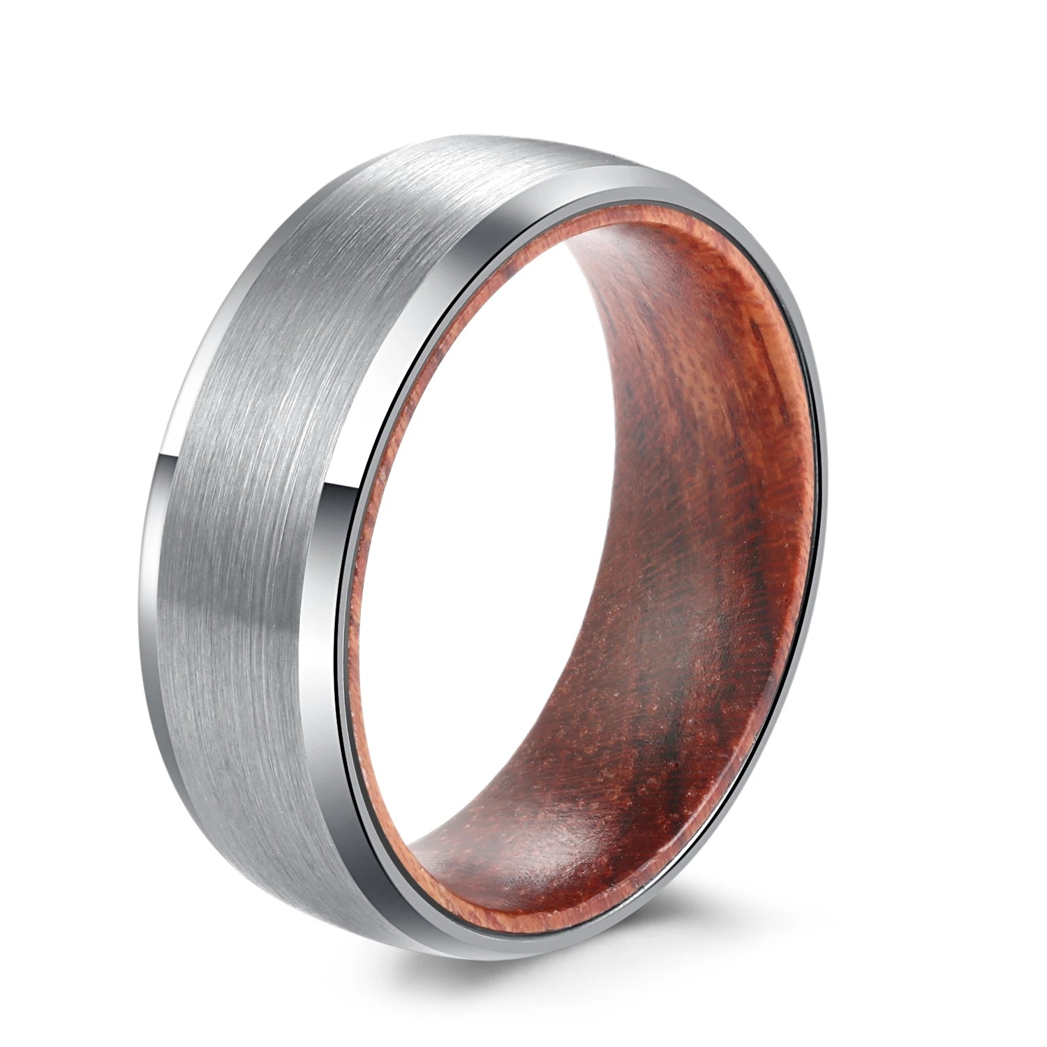 POYA Black Silver Tungsten Ring 8mm Rose Wood Sleeve Inlay Silver Brushed Wedding Band for Men