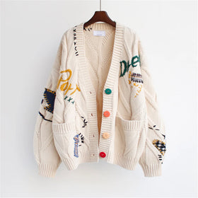 Women's Cable Knit Long Sleeve Open Front Cardigan Sheep V-Neck Button Down Embroidery Wool Blend Sweater Coat Outwear