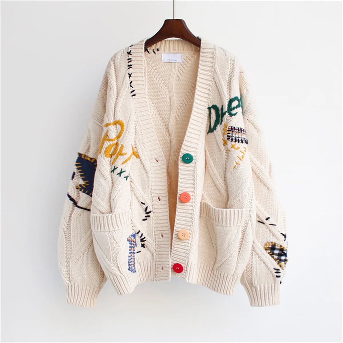 Women's Cable Knit Long Sleeve Open Front Cardigan Sheep V-Neck Button Down Embroidery Wool Blend Sweater Coat Outwear