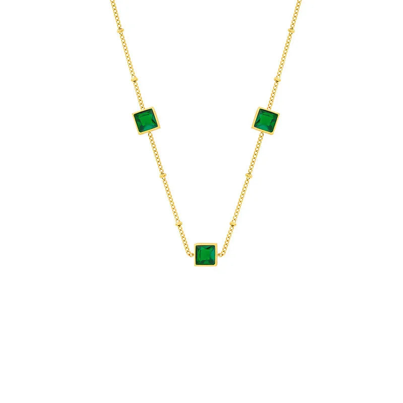18k Stainless Steel Clavicle Chain Simple Temperament square Green Crystal Zircon Necklace