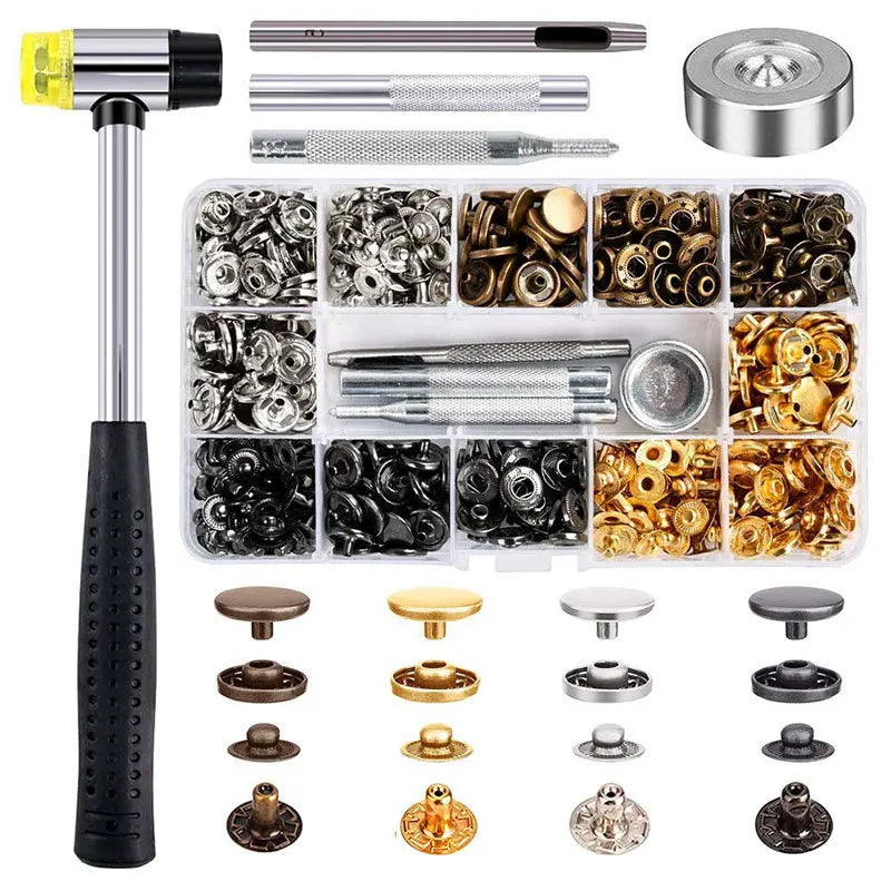 120 Set Snap Fasteners Kit for Leather 12mm Metal Button Snaps Press Studs With 4 Setter Tools 1 Hammer 4 Color Leather Snaps