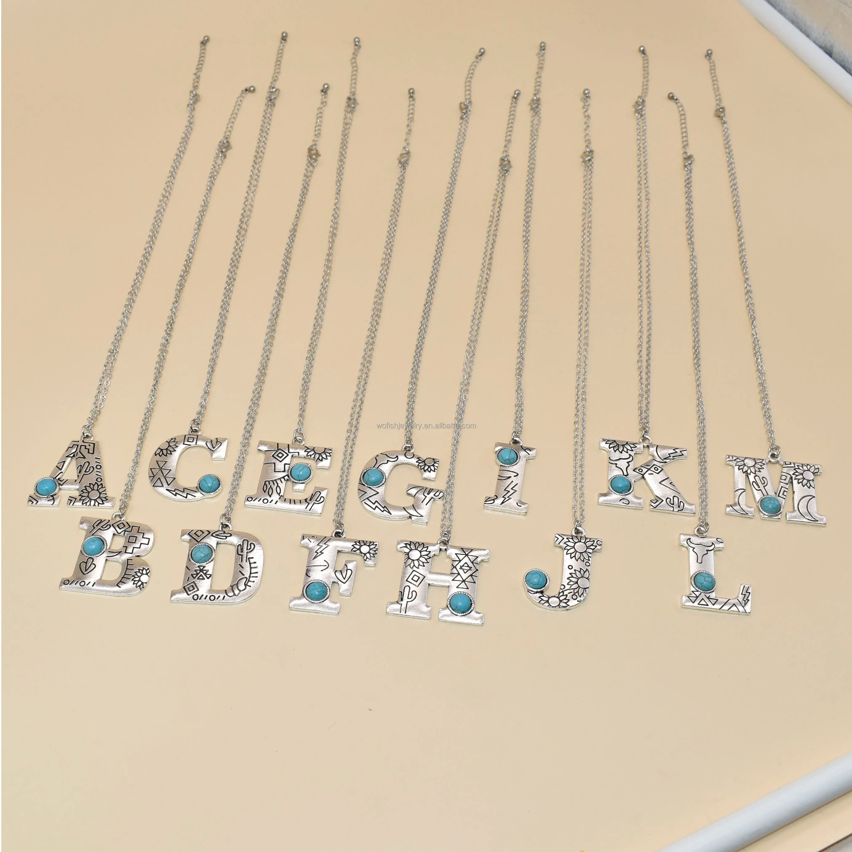Wofish Western Jewelry Turquoise Beads Stamped Patterns Antique Silver Initial Pendant Necklace for Cowgirl Gifts