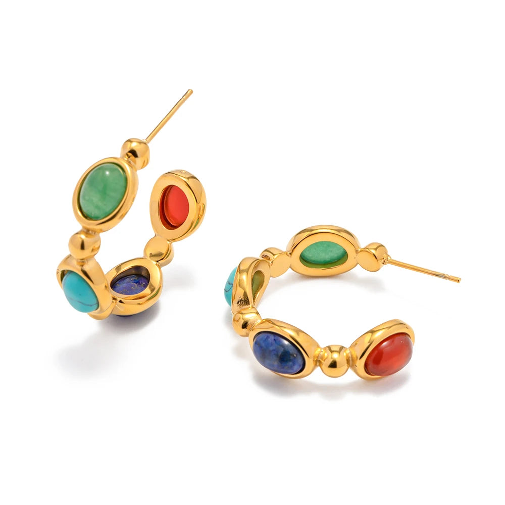 New Arrival Jewelry Stainless Steel Oval Green Colorful Lapis Stone CC Hoop Earring for Girls
