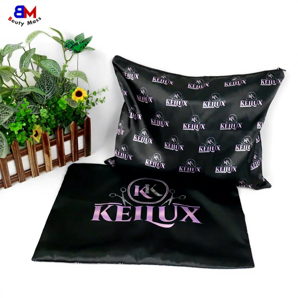 Custom Printed Satin Zip Bag Soft Silky Satin Hair Dust Pouch Bags Wig Storage Zipper Satin Bag With Logo for Hair Bundles