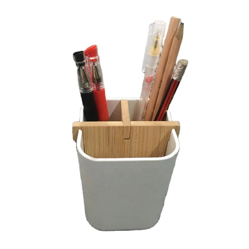 Multipurpose Bamboo Wood Desktop Home TV Remote Control Storage Holder  Office Pens Pencil Holder Cup with Compartments