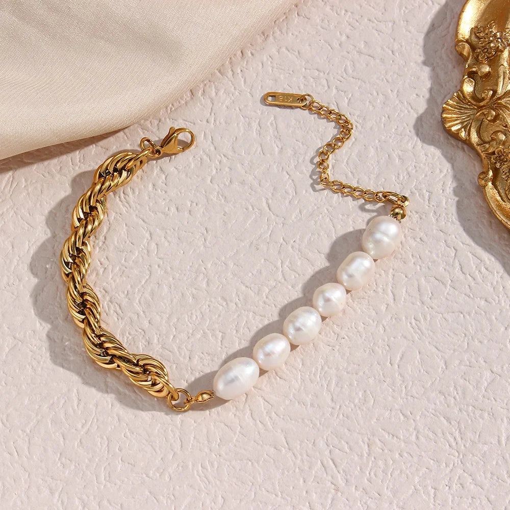 Dreamshow Splicing Chunky Twist Chain & Freshwater Pearl Chain Bracelets for Women Jewelry Stainless Steel