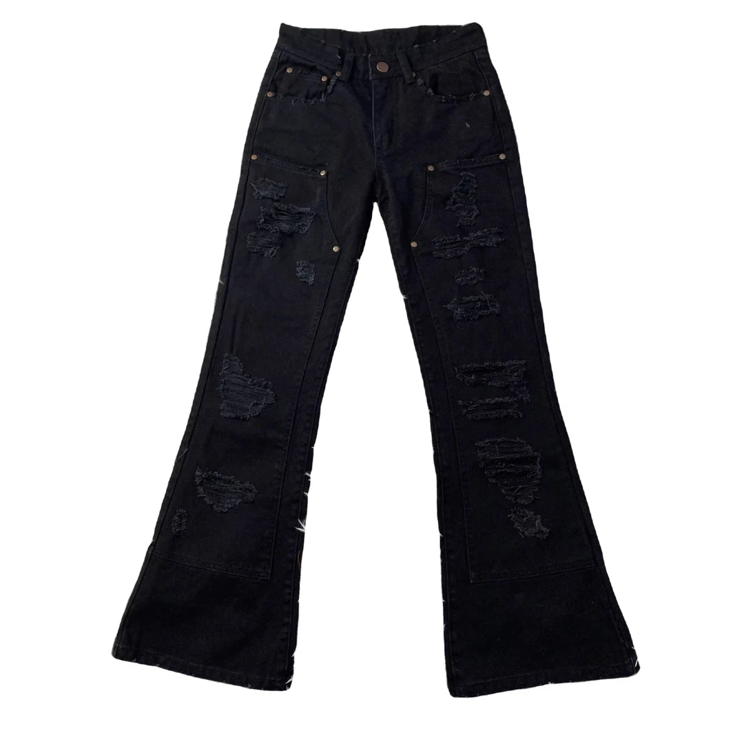DENIMGUYS Custom New Style Hip Hop Men's Patchwork Black Ripped Flared Baggy Jeans Vintage Distressing Mens Denim Flare Pants