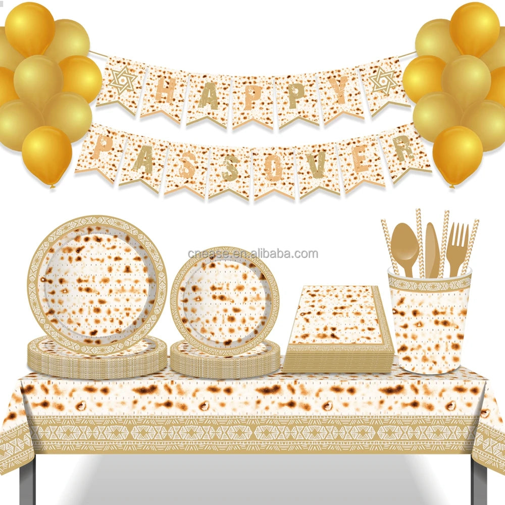 Huancai Passover Party Supplies Matzah Matzo Paper Plates Cups Napkins Disposable Tableware Set for Jewish Party Decorations