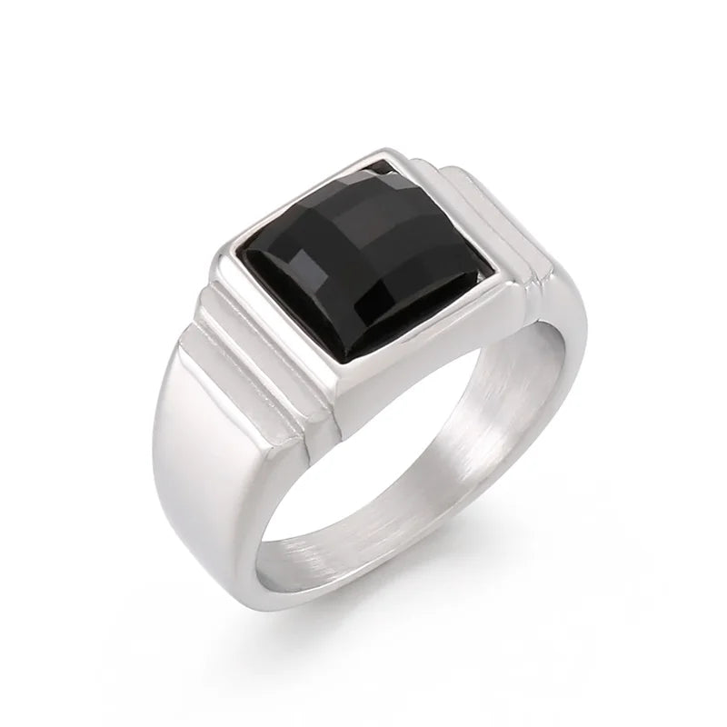 KALEN Vintage Gemstone Ring Stainless Steel Black Natural Stone Rings for Men