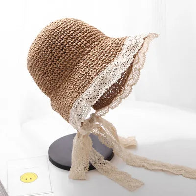 Breathable Lace Cap Bow Beach Outdoor Sun Hat Summer Children's Straw Floppy Wide Brim Baby Girls Travel Sunshade Hat