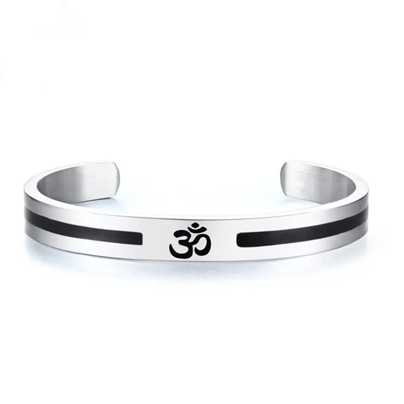 Stainless Steel Mens Cuff Bracelets Black Enamel Ohm Hindu Symbol Engraved Cuff Bangle Bracelet for Men Best Gift for Him