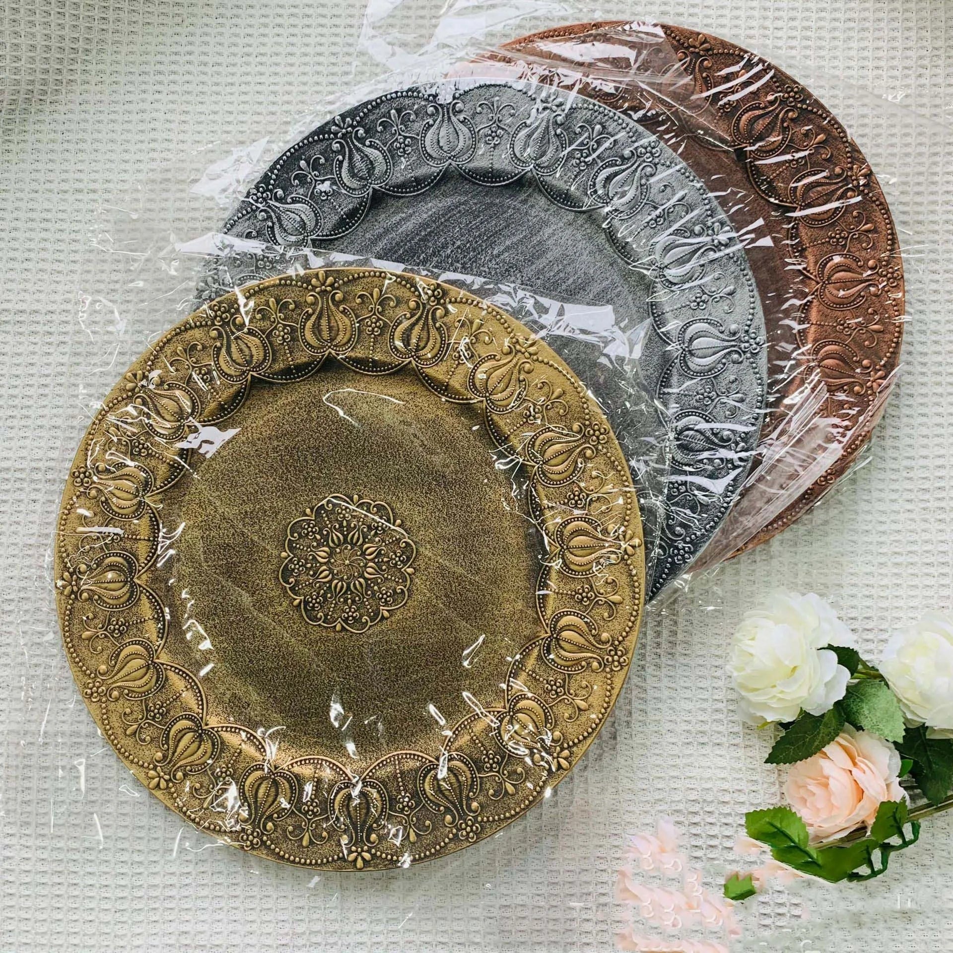 Gold Silver Bronze Round Thickened Plastic Heavy Duty Lace Relief Print Fruit Bowl Tray Decorative Charger Plates for Wedding