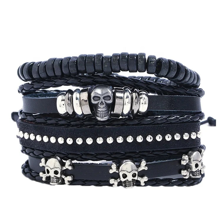 Vintage Punk Style Charm Skull Mens Multilayer Leather Rope Wrap Bracelet Set Jewelry for Male