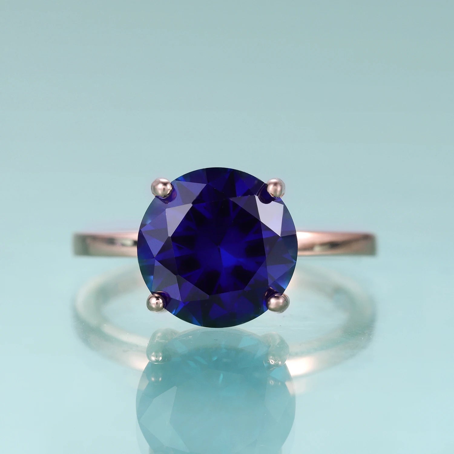 KH073 China Fine Women Jewelry Solitaire 10mm Lab Blue Sapphire Rose Gold Plating 925 Sterling Silver Engagement Ring