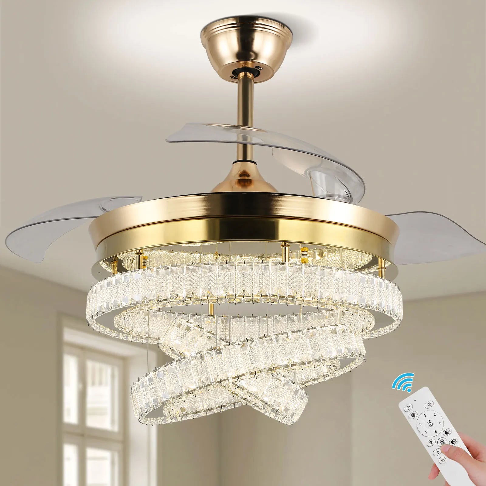 42'' Modern K9 Crystal LED Ceiling Fan with Light Gold Remote Control and Memory Function Chandeliers & Pendant Lights
