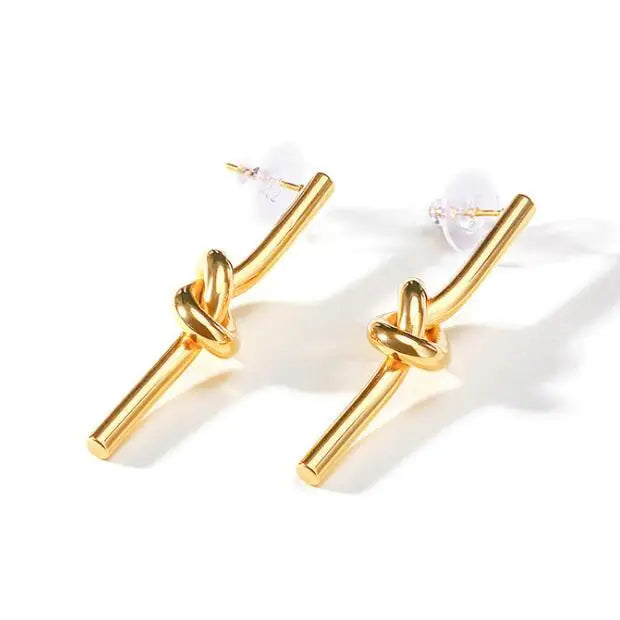 Chic Simple Titanium Steel Long Stick Knot Earrings Gold Plated Shiny Knot Jewelry Trendy Personalized Stainless Steel